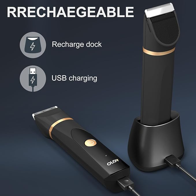 Electric Body Hair Trimmer - Groin Trimmer for Men - Bikini Trimmer Women - Wet/Dry Shaver Groomer, Replaceable Ceramic Blade Heads, USB Recharge Dock, Hygiene Razor, Christmas Gift Wrapping, Black