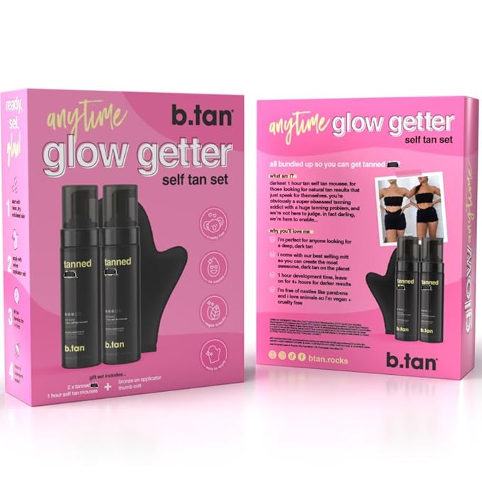 b.tan Dark Self Tanner Gift Box | Anytime Glow Getter Bundle - 2 Pack Sunless Tanning Mousse with Mitt, 1 Hour Express Fake Tan Foam, Best Christmas Stocking Stuffer Fast Bronze, Face & Body