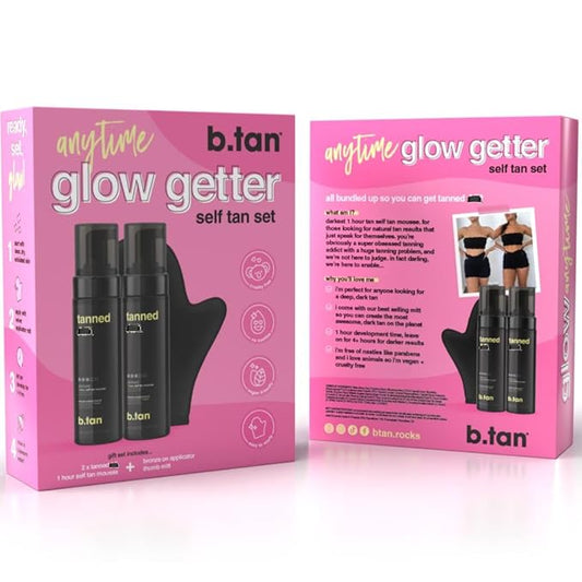 b.tan Dark Self Tanner Gift Box | Anytime Glow Getter Bundle - 2 Pack Sunless Tanning Mousse with Mitt, 1 Hour Express Fake Tan Foam, Best Christmas Stocking Stuffer Fast Bronze, Face & Body