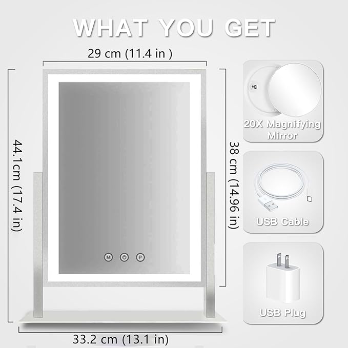 HIEEY Lighted Makeup Mirror, Hollywood Vanity Mirror with Lights, Three Color Lighting Modes, with 4in 20X Magnification Mirror, Smart Touch Control, 360°Rotation (17.4in,White,Gift Box)