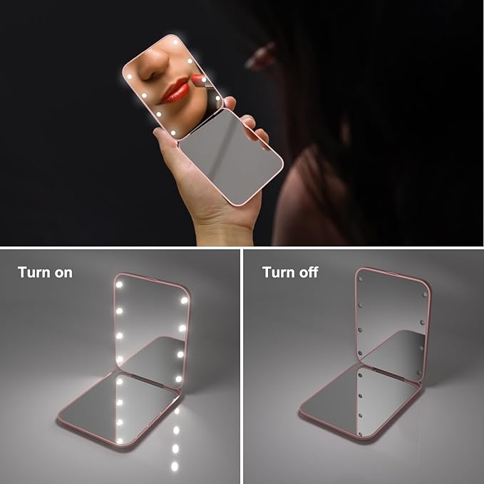 Kintion Wheat Straw Pocket Mirror, 1X/3X Magnification Travel Mirror for Purse, Folding Handheld Mirror, Small Lighted Compact Mirror for Gift, Pink