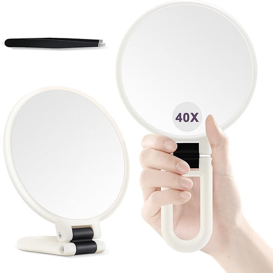 B Beauty Planet 40X Magnifying Mirror, Hand Mirror with Handle, Double Sided Hand Mirror with 40X/1X Magnification, Travel Essential Portable Foldable Makeup Mirror for Precision Makeup White