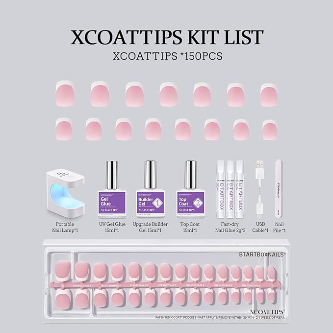 BTArtboxnails XCOATTIPS French Tips Nails - Extra Short Square Nail Tips with Nail Gel, French Protecing Duo, Nail Lamp, All in One Soft Gel French Tip Press on Nails Gel Extension