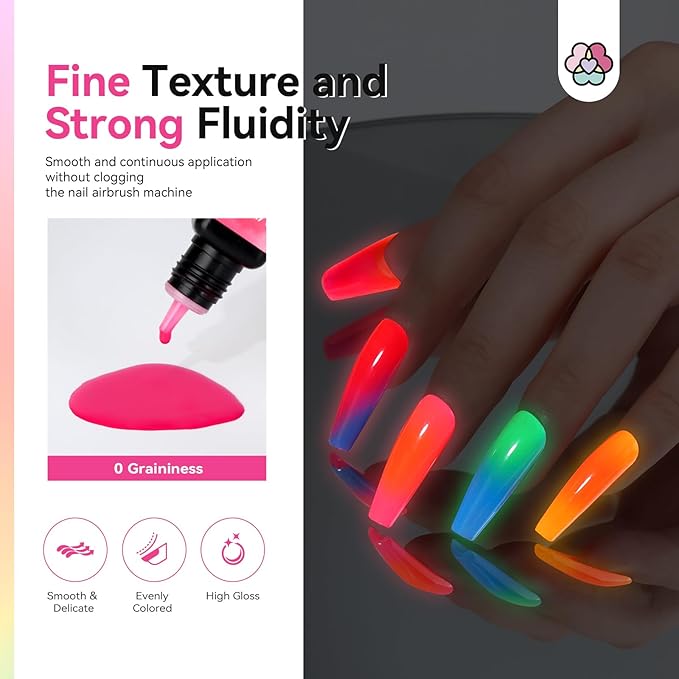 SAVILAND Airbrush Gel Nail Polish Hema-Free: Dilution-Free Fluorescent Airbrush Shine All Night Long,12 Colors Non-Acetone Glows in The Dark for Nails French Manicure DIY Salon & Party & Bar Social