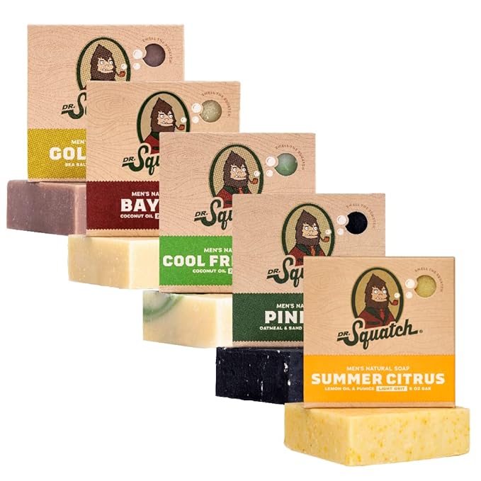 Dr. Squatch Natural Men’s Bar Soap - Cold Process Body Soap Bar with Natural Oils - Gifts for Men - Summer Citrus, Cool Fresh Aloe, Gold Moss, Bay Rum & Pine Tar (5 oz, 5-Pack)
