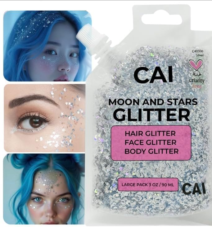 Face, Body & Hair Glitter Gel – Halloween Glitter for Kids and Women – 3 Oz Cosmetic-Grade Gel w/Moon & Stars for Festivals & Halloween Party, Easy Apply & Wash Off - Unicorn 5Pack