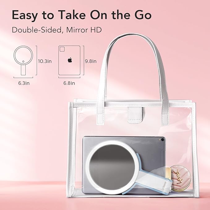 LitBear Travel Makeup Mirror with Lights, Rechargeable Double-Sided 10X/1X Magnifying Mirror, Portable Lighted Beauty Mirrors, 3 Color Lighting, Dimmable Touch Screen, Tabletop Handhold Hanging (Blue)