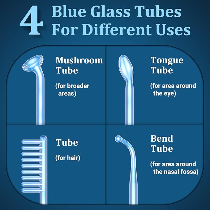 High Frequency Facial Wand - TUMAKOU Portable Handheld Blue High Frequency Facial Machine - 4 Different Blue Glass Tubes for Skin