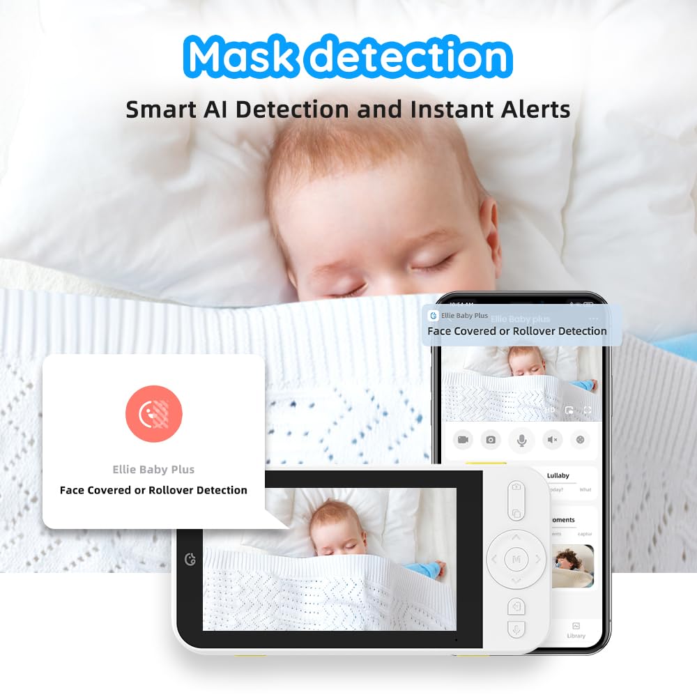 Ellie Video Baby Monitor, Full AI Function Monitor with Camera and Audio, Two Way Control for no WiFi or WiFi, Face Covered Alert, Sleep Analysis, Breathing Detection