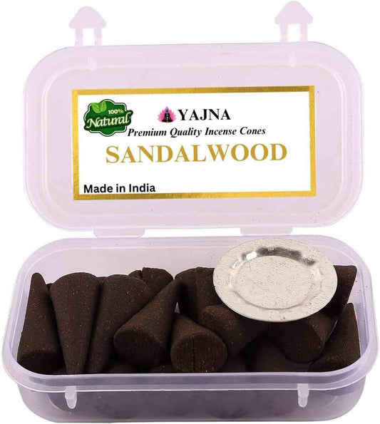 Yajna Sandalwood 100%-Natural-Incense-Cones Handmade-Hand-Dipped Organic-Chemicals-Free for-Purification-Relaxation-Positivity-Yoga-Meditation The-Best-scents (20 Count)