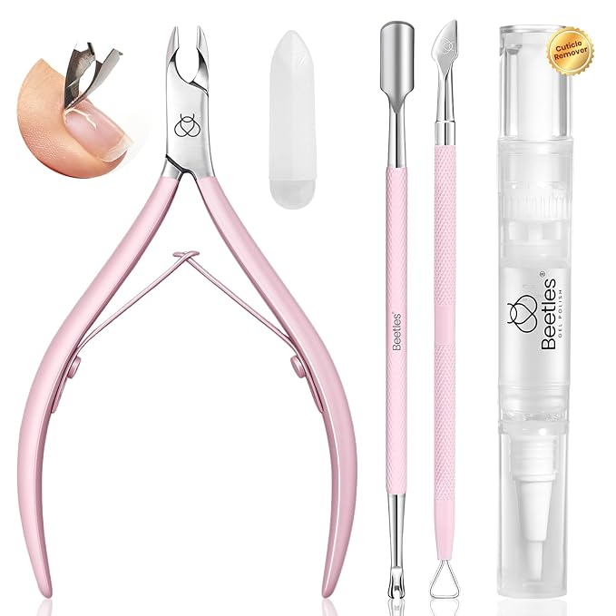 Beetles Manicure Kit for Women with Cuticle Remover, 3 PCS Pink Manicure Set Cuticle Trimmer Dual End Cuticles Pusher Clean Nails Tip Dirt Pusher with Storage Pouch Nail Prep Kit for Gel Nail Polish