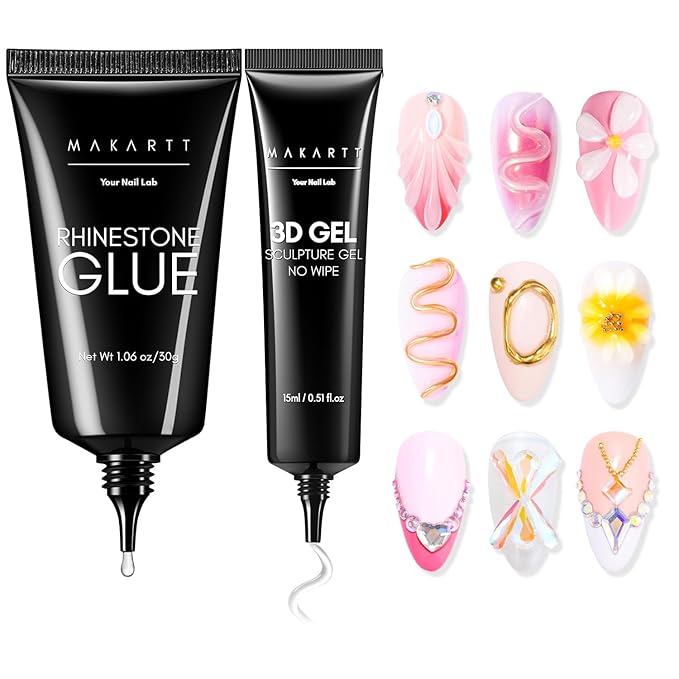 Makartt Nail Rhinestone Glue with 3D Gel Kit – Super Strong Nail Charm Glue & Sculpting Gel for DIY Nail Art, Drawing, Molding & Embossed Designs, Easy to Use for Nail Lovers & Beginners