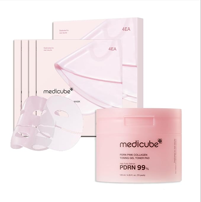 medicube Pink PDRN Day & Night Gel Duo: Salmon DNA PDRN pink collagen jelly gel mask (4ea) and Collagen Jelly Pad