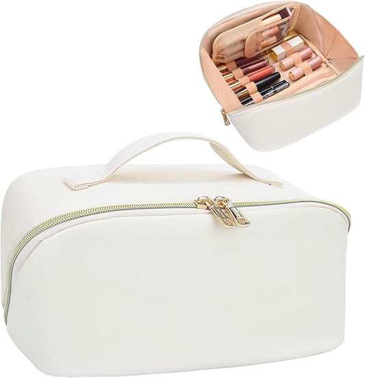 Relavel Travel Makeup Bag for Women, Large Capacity Cosmetic Bags with Separate Brushes Compartments, Waterproof Toiletry Organizer Bags with Handle for Travel Essentials - White