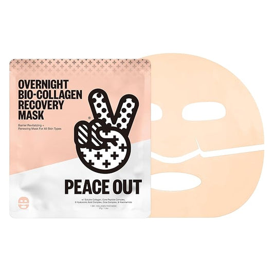PEACE OUT Overnight Bio-Collagen Recovery Face Mask, Hydrating Overnight Sheet Mask with Vegan Collagen and Hyaluronic Acid, Helps Calm and Restore Skin, 1 Count