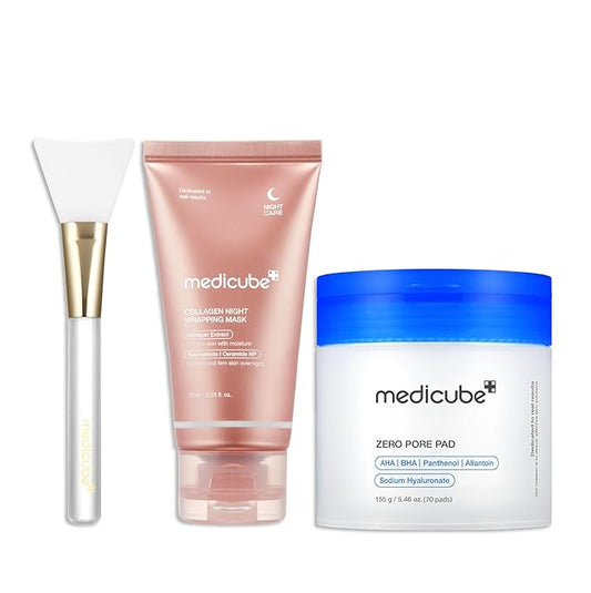 medicube Korean Viral Duo for Glass Glow Skin: Zero Pore Pads 2.0 and Collagen Overnight Wrapping Peel Off Facial Mask Pack and Jelly Brush, Valentines Day Gifts for Her, Skin Care Set