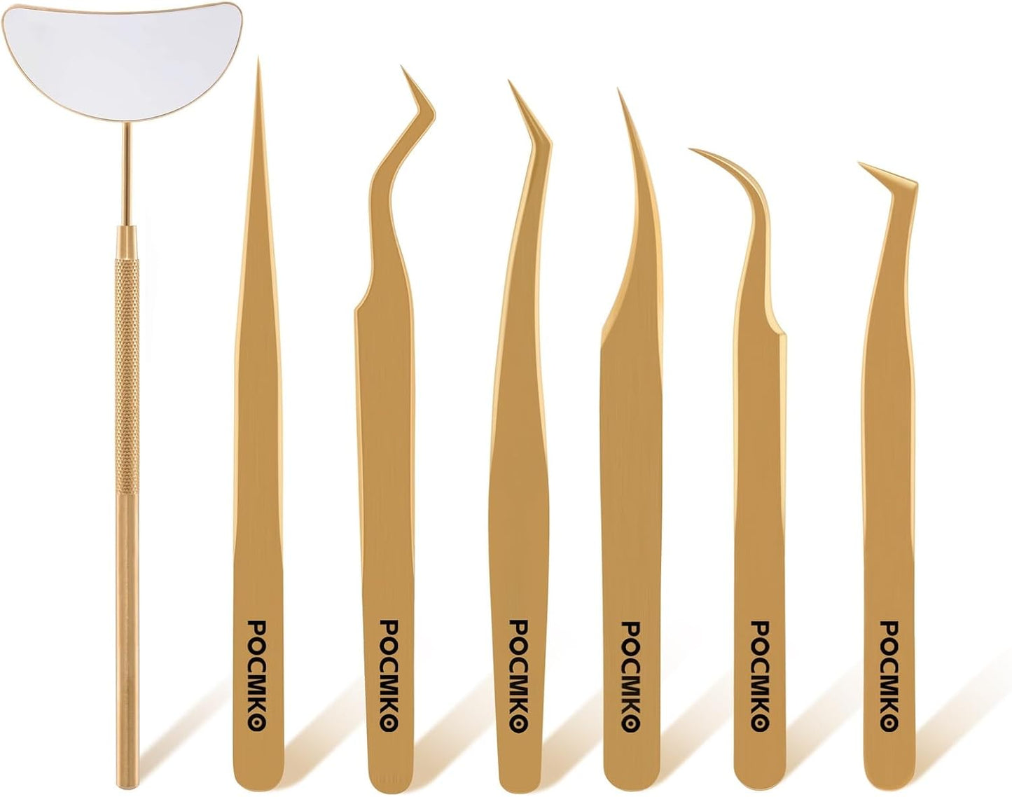 Lash Tweezers for Eyelash Extensions, Professional Eyelash Tweezer Set, Lash Extension Tweezer Kit (Set of 7, Gold)