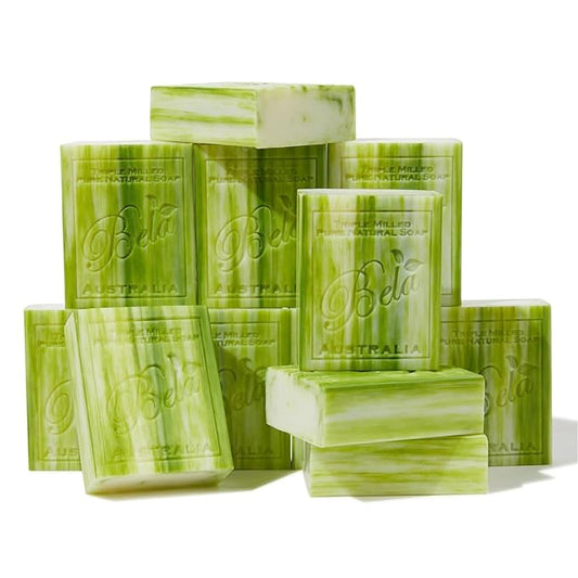BELA Olive Oil and Cocoa Butter Soap, 3.3 OZ Pack of 12, Long Lasting French Triple Milled Bar Soap with Organic Shea Butter, Hand, Face and Body Wash Bar, Made in Australia
