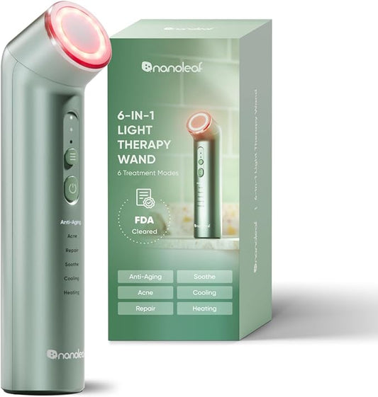 Nanoleaf FDA-Cleared 6-in-1 Light Therapy Wand for Face & Neck, Facial Massager with Red & Blue Light, Vibration, Heat & Cooling, Light Therapy Device for Anti-Aging & Acne