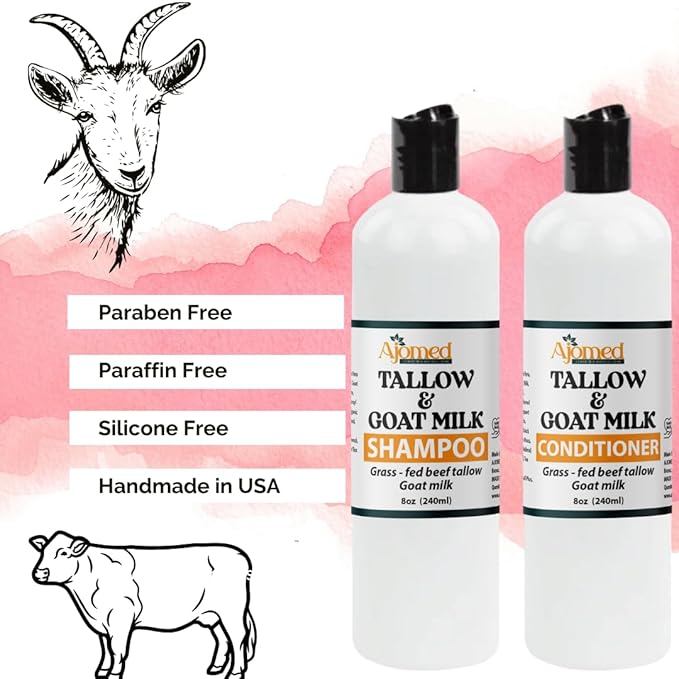 Beef Tallow & Goat Milk Shampoo and Conditioner Set - Handmade Hair Care for Thinning Relief, Sea Moss Shampoo and Conditioner, Thickening Formula for Hair Regrowth (Shampoo & Conditioner 8 Oz)
