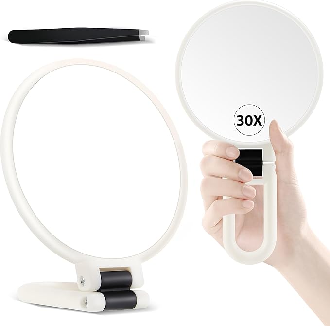 B Beauty Planet 30X Magnifying Mirror, Hand Mirror with Handle, Double Sided Hand Mirror with 30X/1X Magnification, Travel Essential Portable Foldable Makeup Mirror for Precision Makeup White
