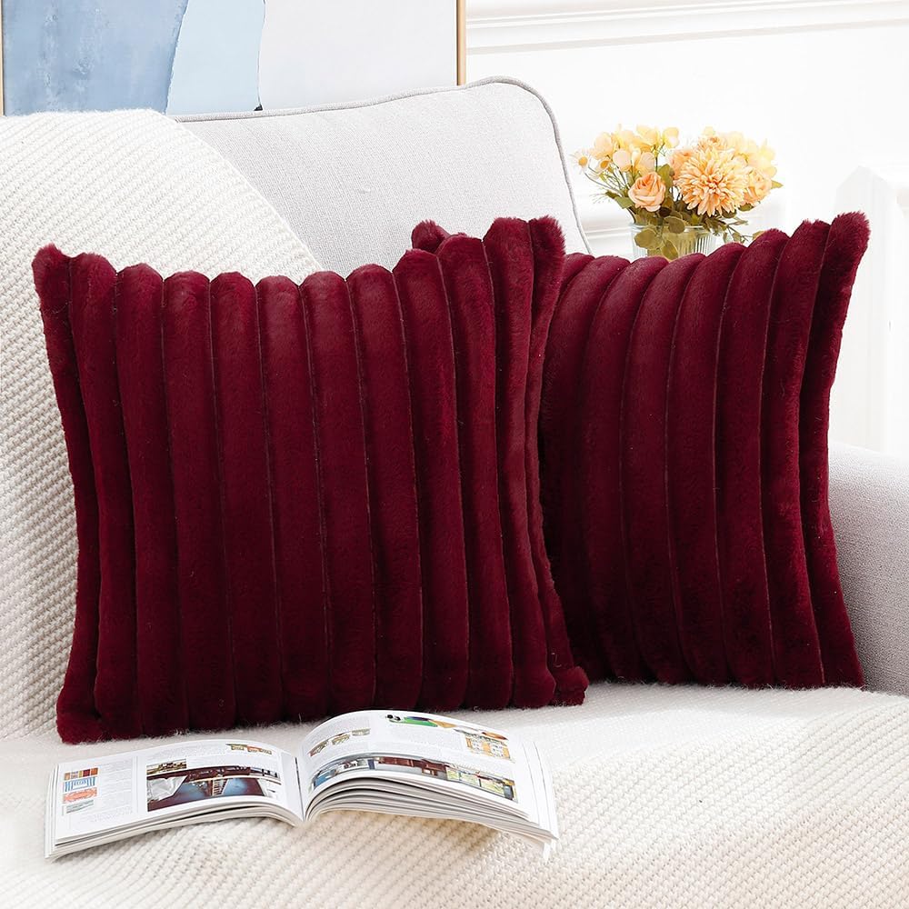 MADIZZ Set of 2 Faux Wool Plush Decorative Throw Pillow Covers 16x16 Inch Burgundy Fluffy Striped Soft Decorative Cushion Cover for Sofa Bedroom Pillow Shell