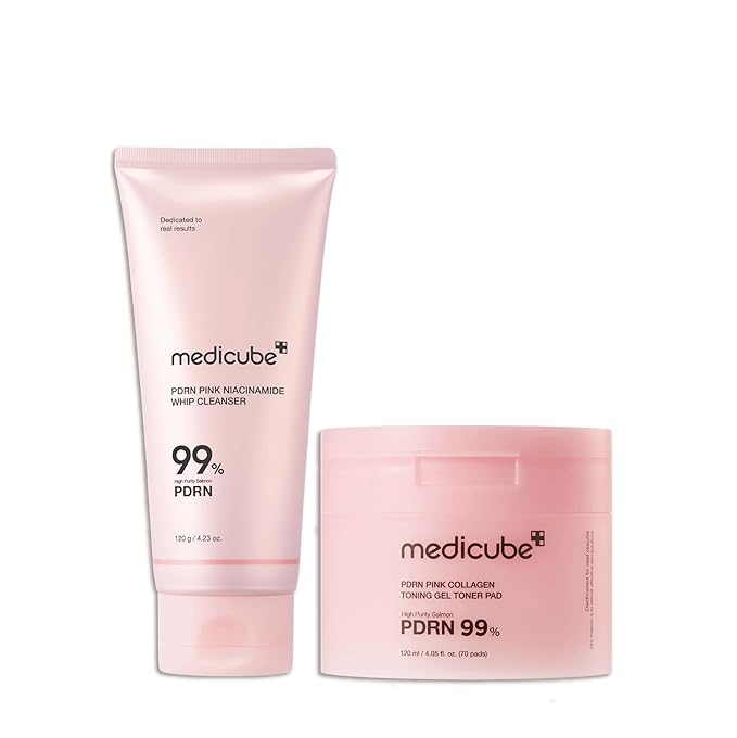 medicube Salmon PDRN Daily Skincare Duo: PDRN Marshmallow Whip Cleanser and Pink Collagen Jelly Pad