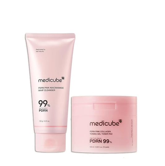 medicube Salmon PDRN Daily Skincare Duo: PDRN Marshmallow Whip Cleanser and Pink Collagen Jelly Pad