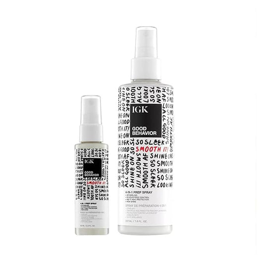 IGK GOOD BEHAVIOR 4-in-1 Prep Spray | Full + Travel Size | Gently Detangles, Controls Frizz for 24 Hours, Heat Protection & Shine | Weightless Formula for Smooth Hair