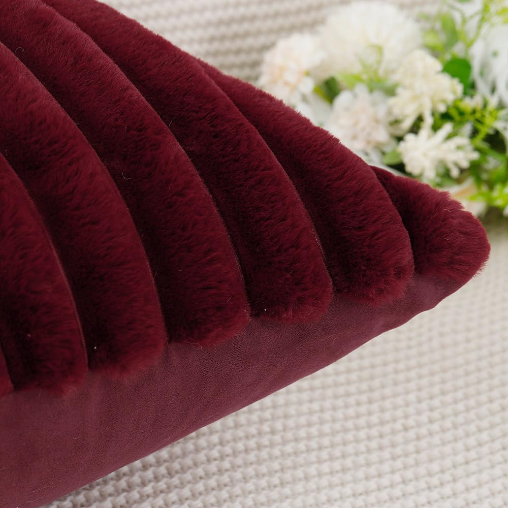 MADIZZ Set of 2 Faux Wool Plush Decorative Throw Pillow Covers 16x16 Inch Burgundy Fluffy Striped Soft Decorative Cushion Cover for Sofa Bedroom Pillow Shell