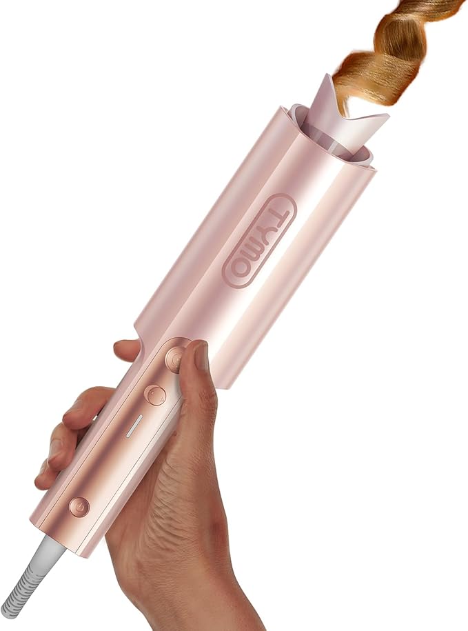 TYMO CurlPro Plus Automatic Rotating Curling Iron - Upgraded Long Barrel Curling Wand for Long Hair, Ceramic Hair Curler for Women, Anti-Scald, 600M Ionic, Dual Voltage, Gold Blush, 1 1/4 Inch