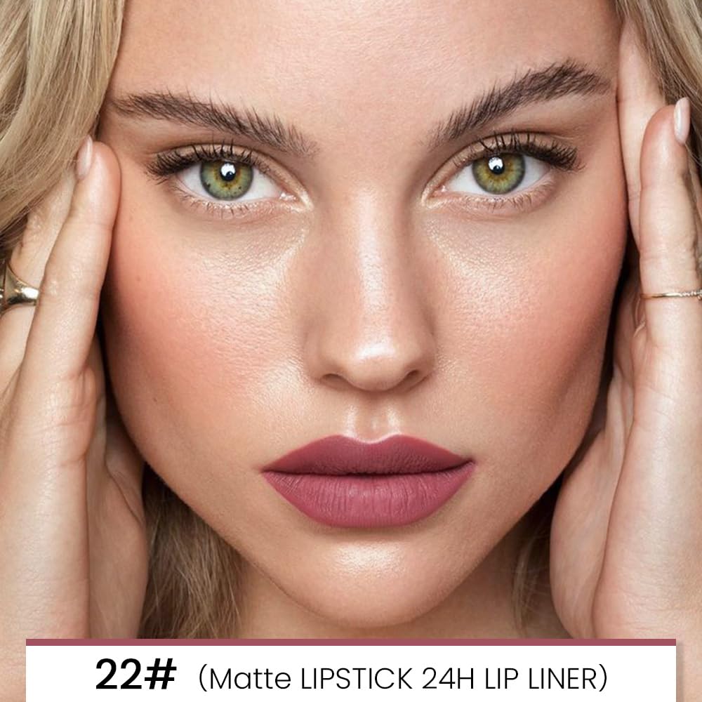 evpct 1Pcs Light Mauve Red Matte Lip Liner and Lipstick Combo Set Kit for Women, Magic Neutral Lipstick 24 Hours Original Lipsticks and Lips Liner Pencil Stain Makeup Long Lasting Waterproof, 22#