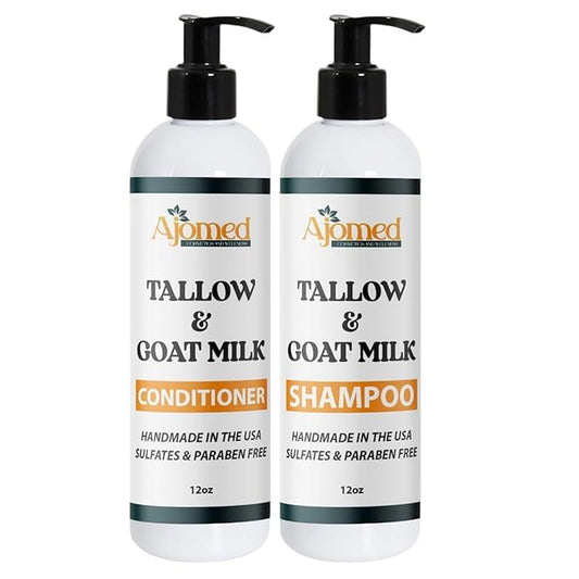 Beef Tallow & Goat Milk Shampoo and Conditioner Set - Handmade Hair Care for Thinning Relief, Sea Moss Shampoo and Conditioner, Thickening Formula for Hair Regrowth & Str (Shampoo & Conditioner 12 Oz)