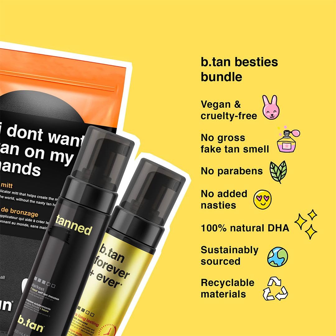 b.tan Dark & Long Lasting Self Tan Kit | Besties Bundle - Dark Tanning Mousse Duo with Mitt Applicator Glove, 1 Hour Express, Fast Sunless Tanner, Face & Body, No Fake Tan Smell, Vegan & Cruelty Free