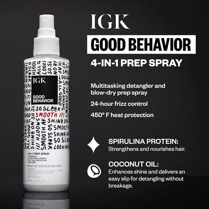 IGK GOOD BEHAVIOR 4-in-1 Prep Spray | Full + Travel Size | Gently Detangles, Controls Frizz for 24 Hours, Heat Protection & Shine | Weightless Formula for Smooth Hair