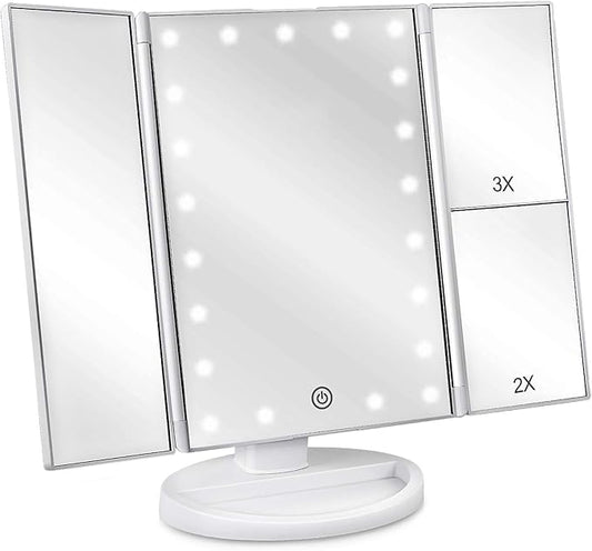 deweisn Floor Mount Tri-Fold Lighted Vanity Mirror with 21 LED Lights, Touch Screen and 3X/2X/1X Magnification, Two Power Supply Modes Make Up Mirror,Travel Mirror