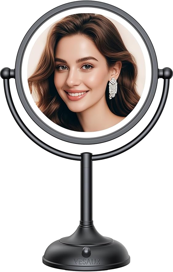 VESAUR Professional 8.5" Lighted Makeup Mirror, 1X/10X Double Sided HD Undistorted Magnifying Mirror with 3 Color 90 Dimmable LED lights, 360° Rotation Vanity Mirror, Unique Black Nickel with Gift Box