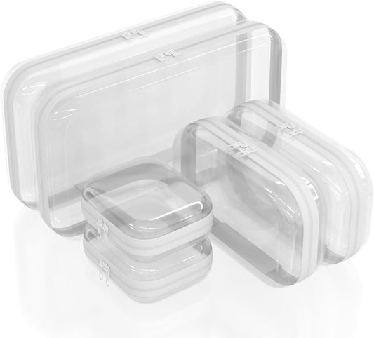 Extra Durable Mini Clear Hard Shell Zipper Case 6 Pack, 2x 12" Large, 2x 8" Medium, 2x 5" Small, Clear Travel Makeup Case, Hard Plastic Toiletry & Cosmetic Bag, Zippered Make Up Organizer Pouch