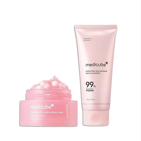 medicube Hydrating & Soothing PDRN Set: PDRN Marshmallow Whip Cleanser and Salmon Pink Collagen Capsule Cream, Face Moisturizer
