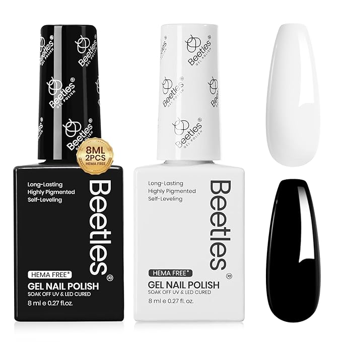 Beetles Black White Gel Polish Kit - 2 Colors Hema Free Soak Off UV Gel Polish Set Same Color Same Bottle Design Manicure Salon DIY at Home for Women