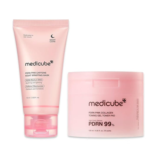 medicube Pink PDRN Day & Night Care Duo: Salmon DNA PDRN Caffiene Overnight Wrapping Peel Off Facial Mask and Salmon DNA PDRN Pink Collagen Jelly Pad