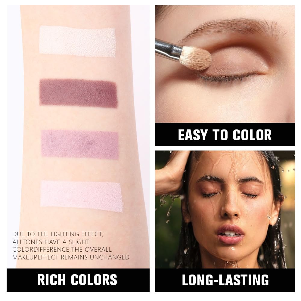4 Colors Light Violet Pink Purple Brown Eye Shadow Powder Palette Makeup, Neutral Matte Shimmer Quads Eyeshadow Palette for Women Highly Pigmented Waterproof, paleta de sombras de ojos,Vegan 02