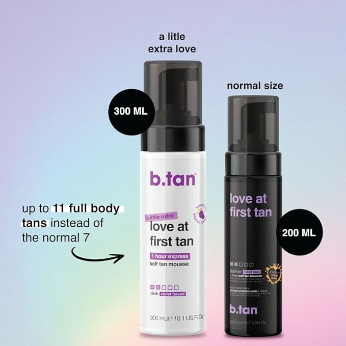 b.tan Large Violet Base Self Tanner Mousse | A Little Extra Love At First Tan - 1 Hour Express Sunless Tanning Foam, Cancels Orange Tones, Dark Bronze Glow, No Fake Tan Smell, Face & Body, 10.1 Fl Oz