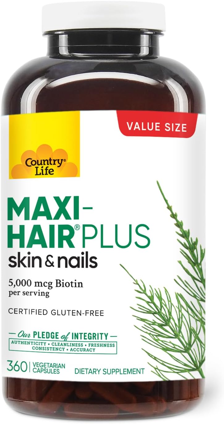 Country Life Maxi-Hair Plus 5000 mcg Biotin, 360 Capsules, Certified Gluten Free, Certified Vegetarian