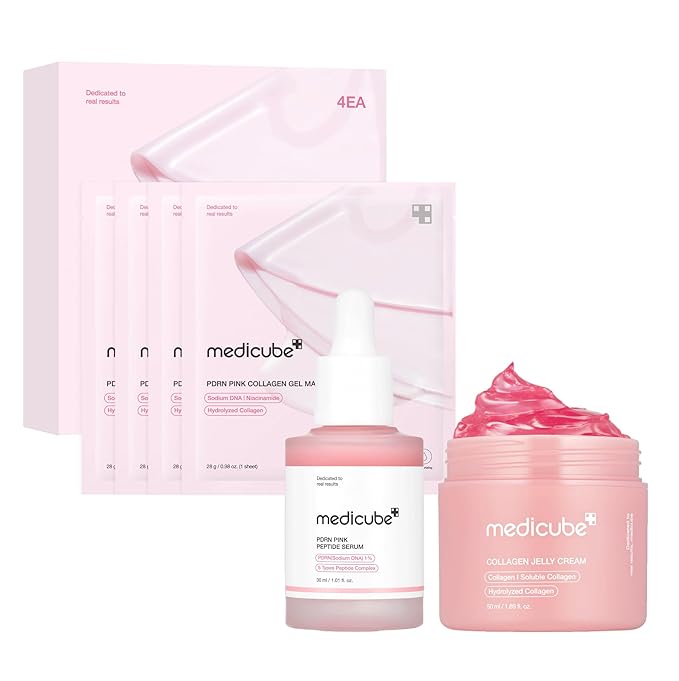 medicube Pink Glass Glow Skin Trio: Salmon DNA PDRN pink collagen jelly gel mask (4ea) and PDRN Peptide Serum, glow serum and Collagen Jelly Cream 50ml