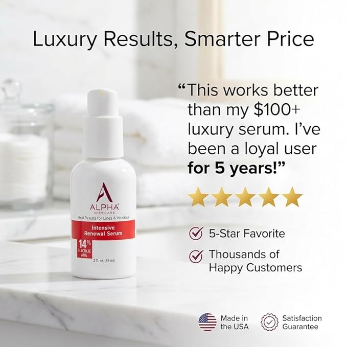 Alpha Skin Care Renewal Serum, 14% Glycolic AHA, Anti-Aging Formula, Reduces Lines & Wrinkles, Alpha Hydroxy Acid Exfoliates & Evens Skin Tones, Rejuvenates & Hydrates, 2 Oz