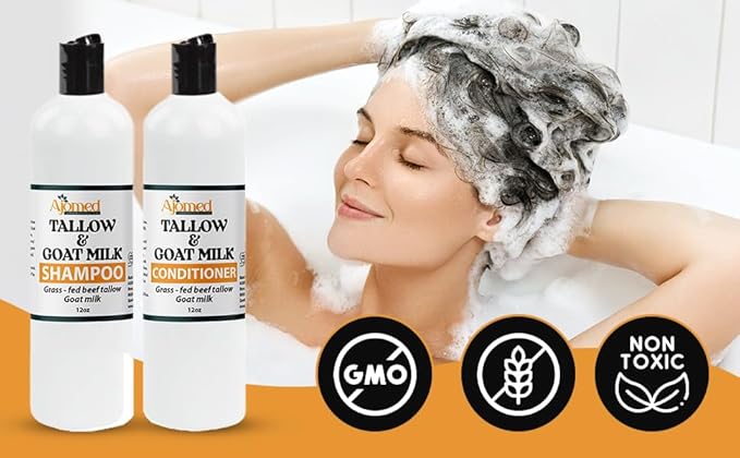 Beef Tallow & Goat Milk Shampoo and Conditioner Set - Handmade Hair Care for Thinning Relief, Sea Moss Shampoo and Conditioner, Thickening Formula for Hair Regrowth & Str (Shampoo & Conditioner 12 Oz)