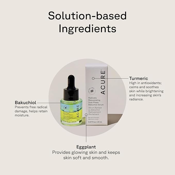 Acure Radically Rejuvenating Dual Phase Bakuchiol Serum - Bakuchiol Oil Serum for Face, Anti Aging Retinol Alternative for Wrinkles & Fine Lines, Cold Pressed Botanical Oils, Vegan - 0.67 fl oz