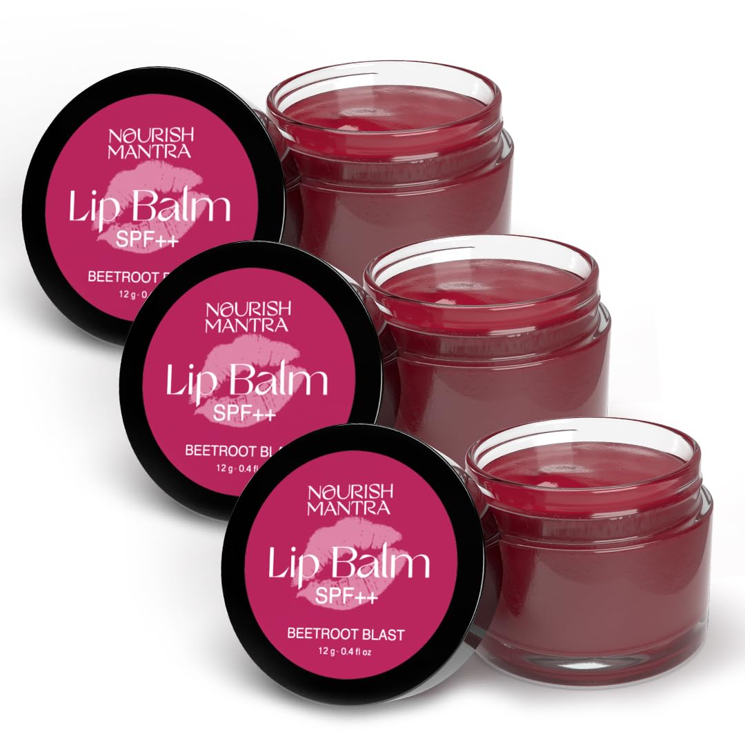 Nourish Mantra Beetroot Blast Lip Balm with SPF | Made with Olive oil, Shea Butter, Vitamin E and Avocado Oil | For Dry, Chapped & Dark Lips | Best for Both Women and Men | 12g (Pack of 3, Beetroot)
