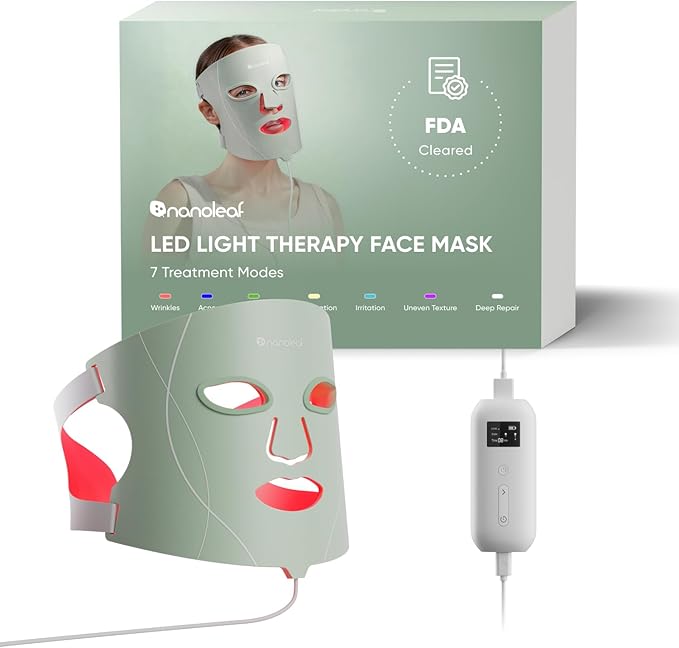 Nanoleaf FDA-Cleared LED Light Therapy Face Mask with 7 Treatment Modes - Professional Red & Blue Light with NIR Facial Device for Anti-Aging - 432 LEDs, Rechargeable